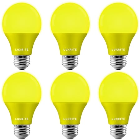 Luxrite A19 LED Light Bulbs 8W (60W Equivalent) Yellow Colored Bulbs Non-Dimmable E26 Base 6-Pack LR21490-6PK